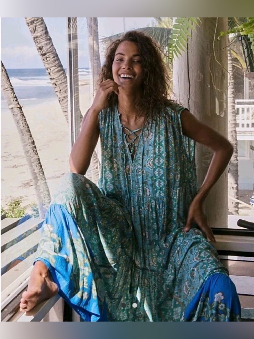 FREE PEOPLE Hanalei Bay Lace-Up Maxi Dress Flowy Tiered Boho Oversized Small
